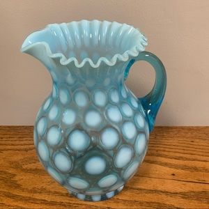 Vintage Fenton Opalescent Blue Coin Dot Ruffled Pitcher Collectible Glass